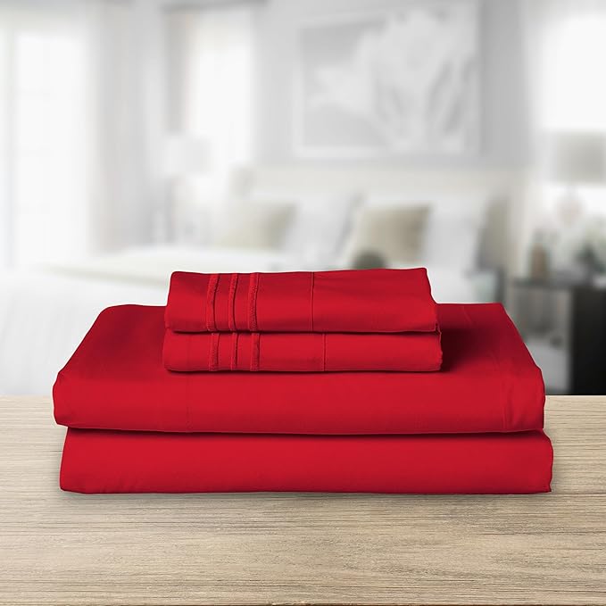 Elegant Comfort Luxurious 1500 Premium Hotel Quality Microfiber Three Line Embroidered Softest 4-Piece Bed Sheet Set, Wrinkle and Fade Resistant, Full, Red