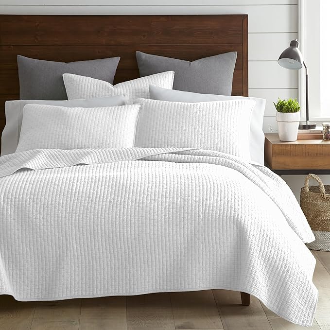 Levtex Home Cross Stitch Reversible Twin XL/Twin Quilt Set (68x86in) with 1 Pillow Sham (26x20in) - Stitch Texture - Bright White - Cotton Twin Size Quilt Bedding Set - Lightweight, Soft, Pre-Washed