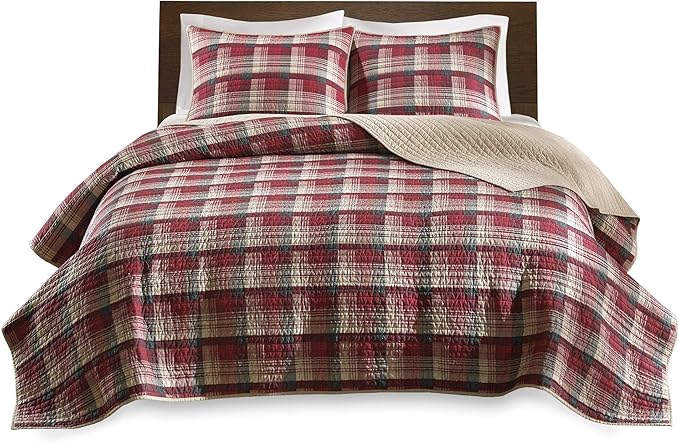 Woolrich Reversible Quilt Cabin Lifestyle Design - All Season, Breathable Coverlet Bedspread Bedding Set, Matching Shams, Oversized Full/Queen, Tasha Plaid Red/Tan 3 Piece