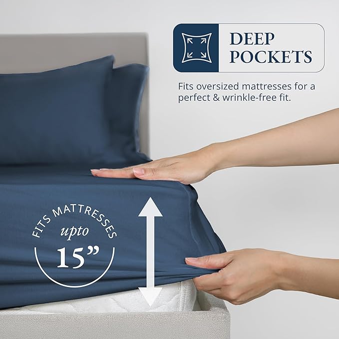 LANE LINEN 100% Organic Cotton Twin Fitted Sheet, 2-Piece Set (1 Fitted Sheet, 1 Pillowcase), Percale Weave, Lightweight, Soft, Breathable, Fits Mattress Upto 15' Deep - Estate Blue (No Flat Sheet)