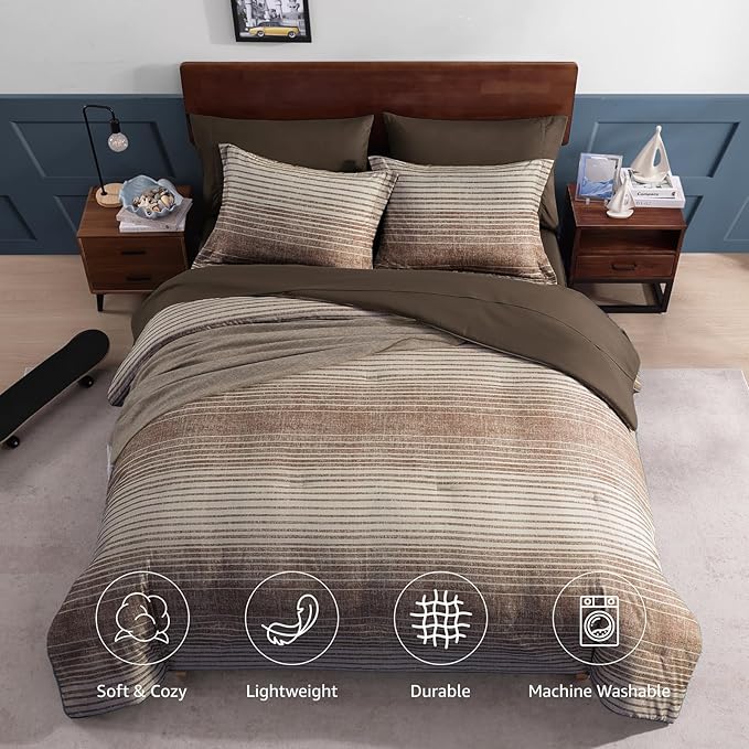 Twin XL Comforter Set Striped, Chocolate Brown Bedding Set 5 Pieces for Boys Girls Teen, All Season Bed in a Bag for Dorm with Sheets, Pillowcase & Sham