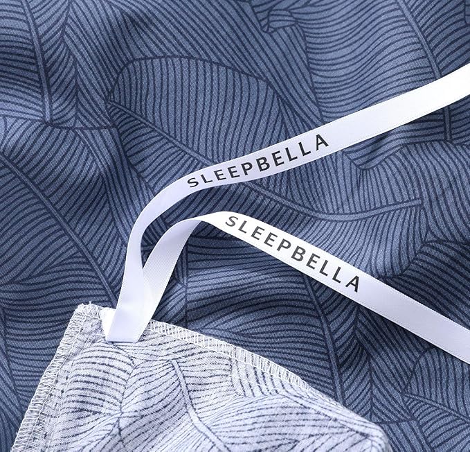 SLEEPBELLA Duvet Cover Twin Size, 600 Thread Count Cotton Navy & Grey Printed with Luxurious Blue Leaves Pattern Reversible Botanical Comforter Cover Sets, Bedding Set 2Pcs (Twin, Navy-Blue Leaves)
