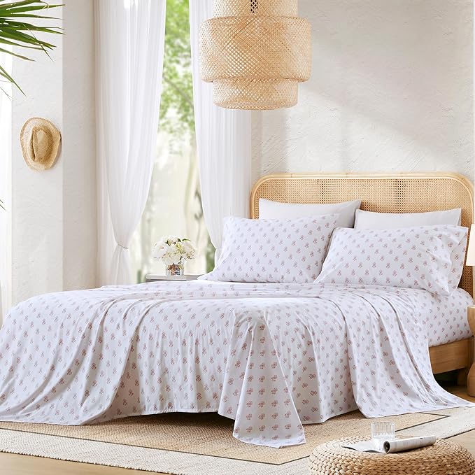 Comfort Spaces 100% Cotton Sheets Cal King, Breathable, Naturally Cool Cotton Sheets, Soft Cotton Bed Sheets with 14" Elastic Pocket Fits up to 16" Mattress, All Seasons Sheet Set, Floral Pink 4 Piece