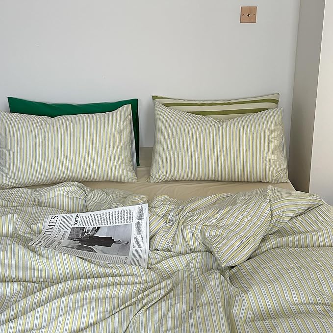 mixinni Vintage Geometric Striped Duvet Cover Set - 3 Piece 100% Washed Cotton Full Size Bedding Set with Matching Pillowcases | Mid-Century Modern Design | Ultra Soft & Breathable-Full Size