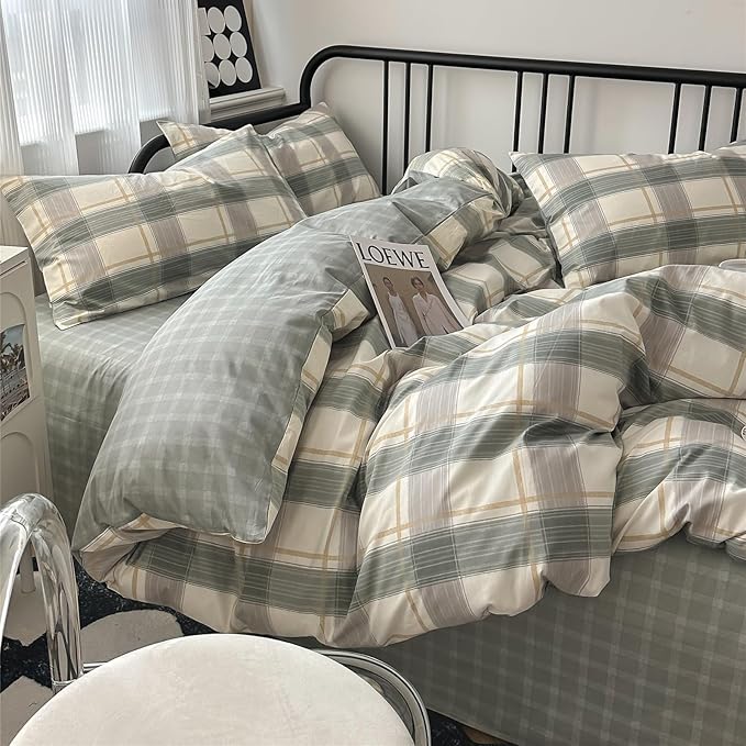 mixinni Green Grid Duvet Cover Set Queen - Vintage Buffalo Plaid Bedding Set-Green &Yellow&Beige, Soft Cotton Geometric Checkered Bedding Set with 2 Pillowcases for Boys, Girls, Teens
