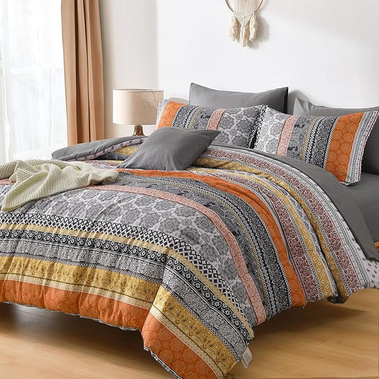 Cottolester Boho Comforter Set Queen Size,8 Pieces Orange Bohemian Striped Bed in a Bag,Paisley Soft Microfiber Bedding Comforter Set