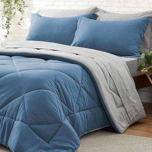 BEDELITE Full Comforter Set 7 Pieces Bed in A Bag - Soft Microfiber Reversible Blue Bed Set with Comforters, Sheets, Pillowcases & Shams, Cozy Luxury Bedding Sets for All Season