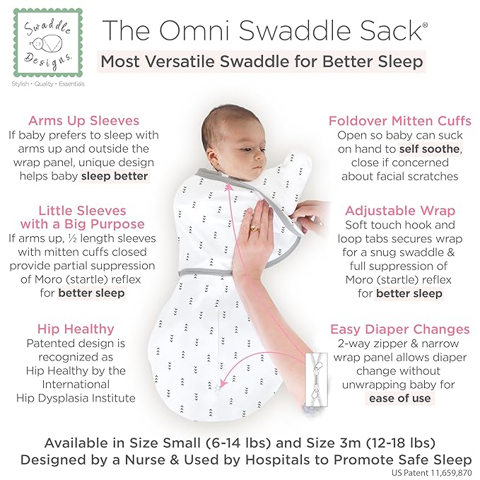 SwaddleDesigns 6-Way Omni Swaddle Sack, Arms Up Swaddle for Newborn, More Options to Calm Startle Reflex, Improves Sleep, 12-18 lbs, Tiny Arrows Black