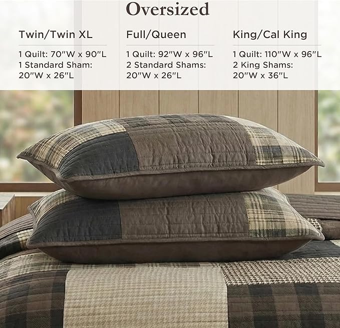Woolrich Winter Hills Reversible Quilt Set - Cottage Styling Reversed to Solid Color, All Season Lightweight Coverlet, Cozy Bedding Layer, Matching Shams, Oversized King/Cal King, Plaid Tan 3 Piece