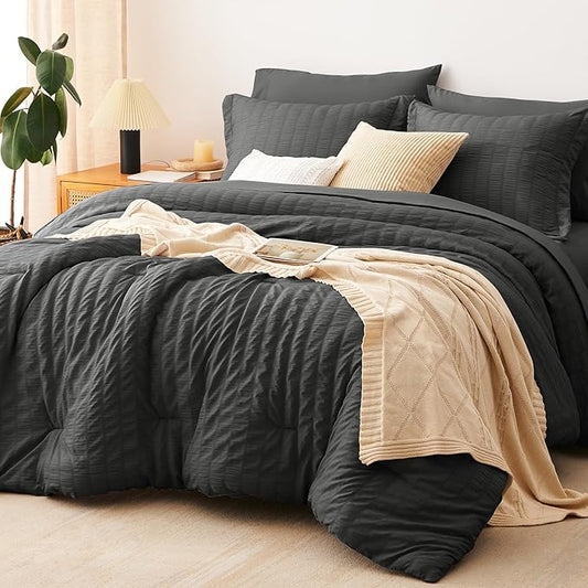 CozyLux California King Comforter Set with Sheets 7 Pieces, Dark Grey Seersucker Bed in a Bag Cal King Luxury Soft Bedding Sets with Down Alternative Comforter, Sheets, Pillowcases & Shams All Season