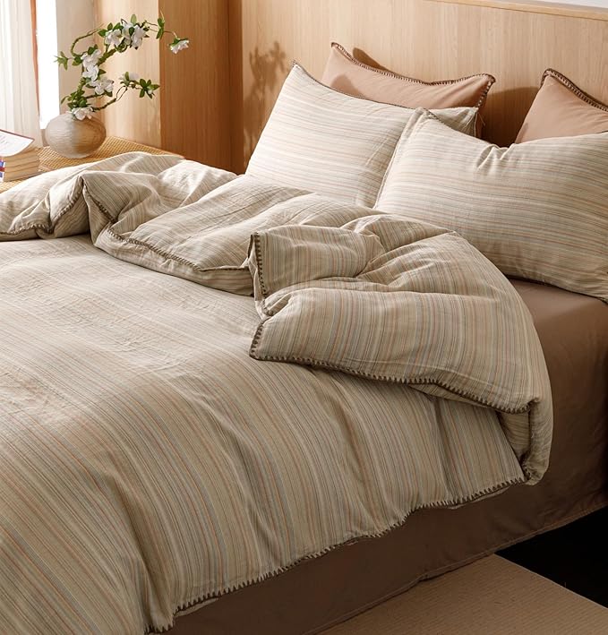 VM VOUGEMARKET Brown Tan Duvet Cover King Striped Pattern Yarn Dyed Muslin Cotton Duvet Cover with Embroidered Edge Super Soft Cozy Bedding Set for Men Women,King Size
