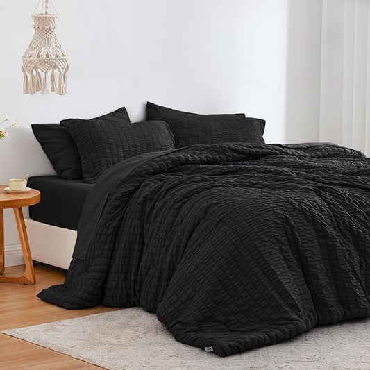 Love's cabin Seersucker Black California King Comforter Set, 7-Piece All Season Lightweight Bed in a Bag Bedding Set with Comforter, Flat Sheet, Fitted Sheet, Pillowcases and Shams | Soft, Breathable, Lightweight