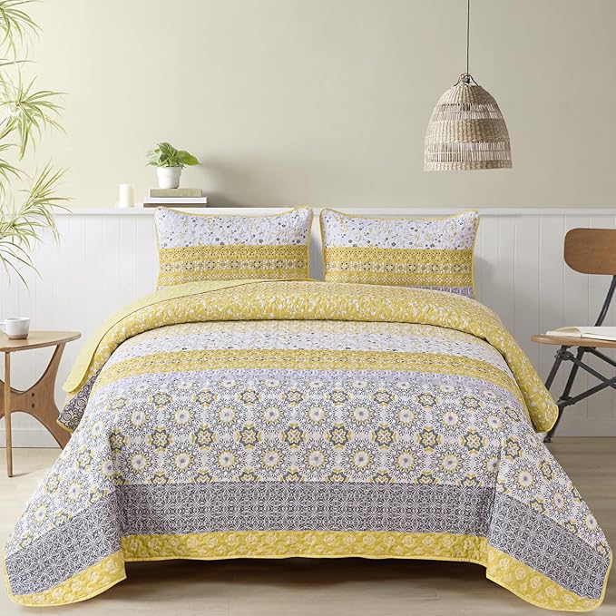 WONGS BEDDING Boho Quilt Set King, Yellow Bohemian Striped Patchwork Bedspread Coverlet Set with 2 Pillowcases,Lightweight Microfiber Floral Bedding Set 104"×90"