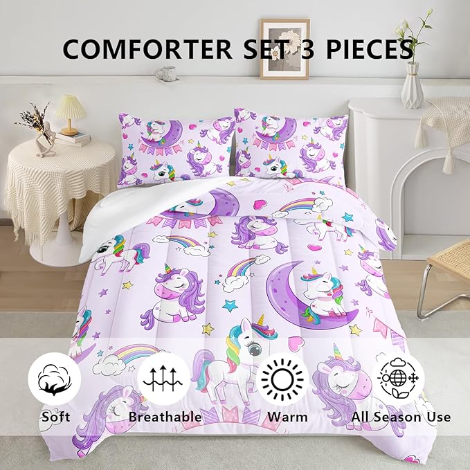 Axolotl Purple Unicorn Comforter Set Twin Size,Girls Bedding Set,Cute Unicorn Rainbow Bedding Set with Stars for Kids Girls Teens Adults Women,1 Comforter with 2 Pillowcase Unicorn Gifts for Girls