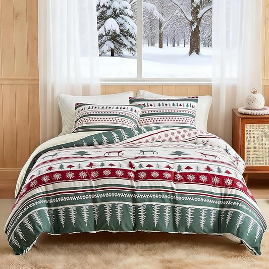 Lekesky Duvet Cover Queen Size,3 Pieces Reversible White Reindeer Snowflake Green Bedding Set with Zipper Closure and Corner Ties(1 Duvet Cover 90x90 inches + 2 Pillowcases)