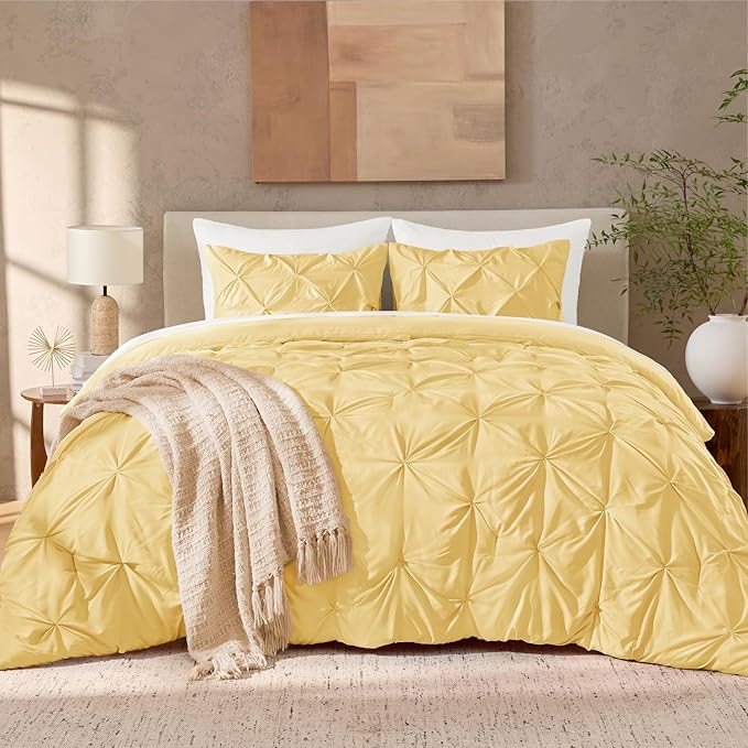 Andency Yellow Pinch Pleat Comforter Queen(90x90Inch), 3 Pieces(1 Pintuck Comforter and 2 Pillowcases) Pintuck Comforter Set, Microfiber All Season Down Alternative Bedding Set