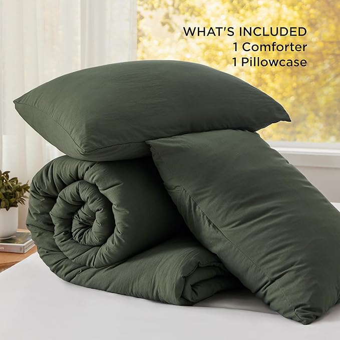 Bedsure Twin/Twin XL Comforter Set, Dark Green Soft Prewashed Bedding for All Seasons, 2 Pieces GentleSoft™ Bed Set, 1 Lightweight Comforter (68"x88") and 1 Pillowcase (20"x26")