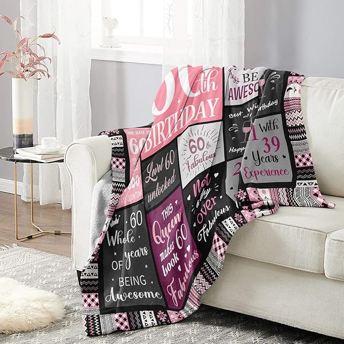 60th Birthday Gifts for Women Throw Blanket 60”X50”, Happy 60th Birthday Decorations Gift Ideas for 60 Year Old Woman, 1966 Bday Gifts for Mom Grandma