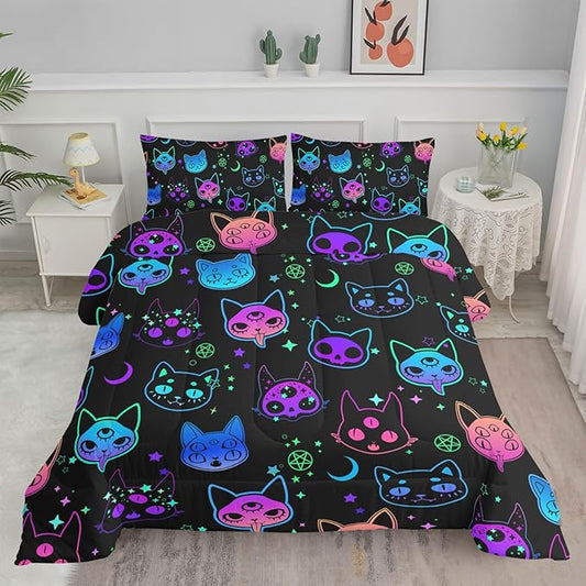 Axolotl Cat Comforter Set King,Kawaii Gradient Cat Bedding with 1 Comforter 2 Pillowcases,Colorful Neon Cats Animal Bed Set,Moon Stars Bedding for Kids Boys Girls Teens Adults Room Decor All Season,