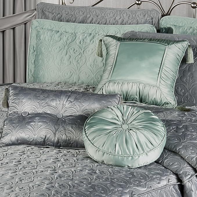 Cambridge Classic Luxury Bedding | Neutral Warm Gray Solid Color Polyester Satin | Elaborate Damask Quilting | 6 Pc Bed Set Includes Oversized Full Bedspread, 2 Standard Shams, & 3 Decorative Pillows