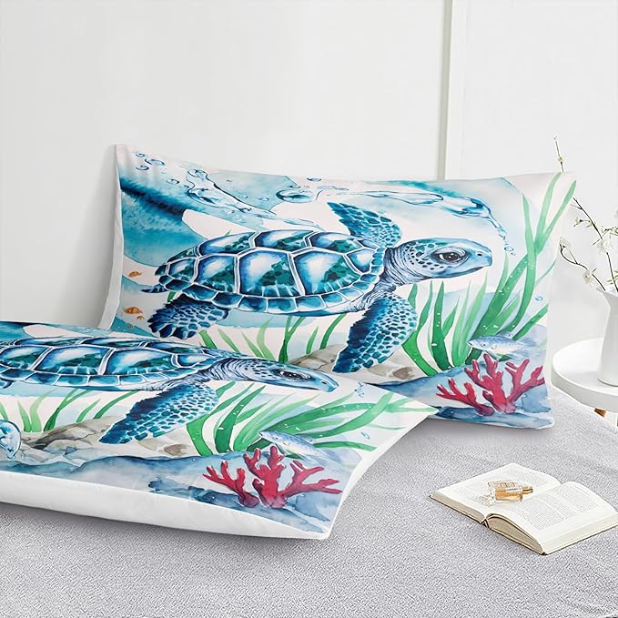 Bedbay Turtle Comforter Set King Size Ocean Theme Bedding for Boys Teen Girls Sea Turtle Coral Coastal Bedding Set Soft Cozy Lightweight Quilt 4-Piece 1 Comforter 2 Pillowcases 1 Cushion Cover