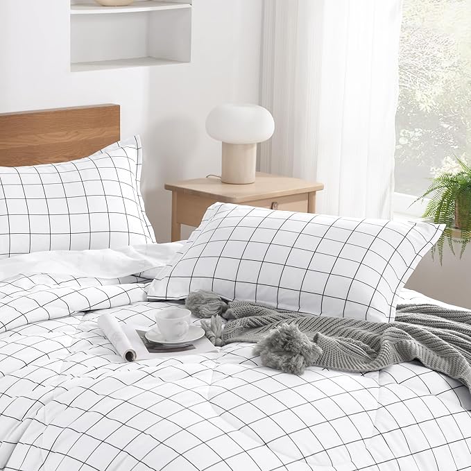 Andency King Size Comforter Set White Gingham, Plaid Grid Checkered Bedding Comforter Set for King Size Bed, 3 Pieces Lightweight Reversible Modern Geometric Bedding Set(104x90 Inch)