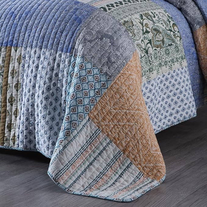 Autumn Dream Cotton Bedspread Quilt Sets Reversible Bedding Coverlet Sets Comforter, Vintage Floral Paisley Patchwork Bohemian Blue Bedspread, King Size | Breathable material, Reversible, Handmade patchwork, Soft durable, Jacquard stitching, Machine wa...