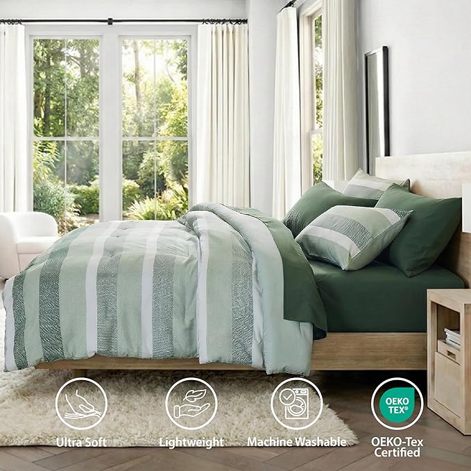 Full Size Modern Striped Comforter Set, Lightweight Soft Microfiber Bedding Sets for All Season 7 Pieces Bed in A Bag Set with Comforter, Sheets, Pillowcases & Shams, Sage Green