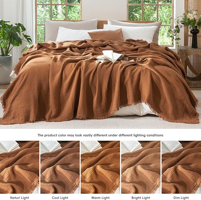 MooMee Muslin Blanket - 100% Cotton 4-Layer Gauze Throw Blanket with All-Around Fringe, Ultra-Soft Breathable Lightweight Cooling Decorative for Bed, Sofa & Couch (Drak Orange,Throw XL 50" x 70")
