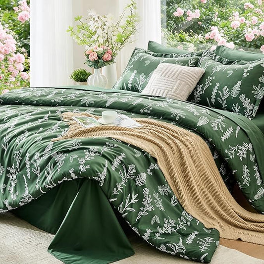 MUXHOMO Dark Green Cal King Comforter Set, Elegant Floral Print Bed in a Bag 7 Pieces, Ultra Soft & Breathable Reversible Botanical Pattern Bedding Set with Comforter, Sheets, Pillowcases, and Shams