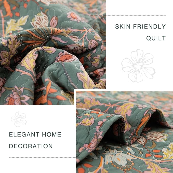 QSH 3Pcs Oversized King Quilt Bedspread Set(120"x120")-100% Cotton Floral Quilt California King Size Luxury Paisley Flower Botanical Printed Bedspread Coverlet Set Lightweight Soft for All Season