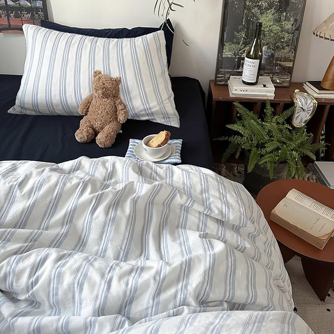 mixinni Vintage Blue & White Striped Duvet Cover Set - 3 Piece 100% Washed Cotton Twin XL Size Bedding | Minimalist Relaxed Style | Ultra Soft Breathable, with Zipper Closure & Corner Ties