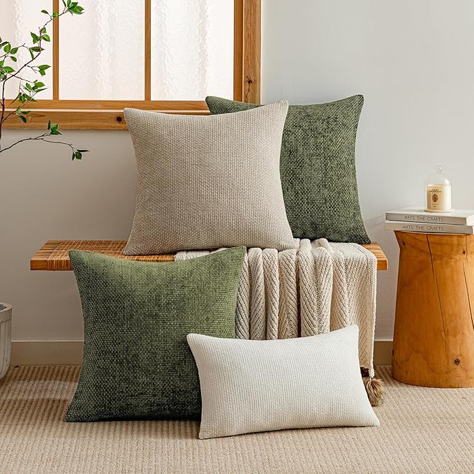 a moment Olive Green Chenille Throw Pillow Covers 24x24 Inch Pack of 2 Modern Decorative Throw Pillow Cases Farmhouse Cross Covers Home Decor for Sofa Bedroom Living Room