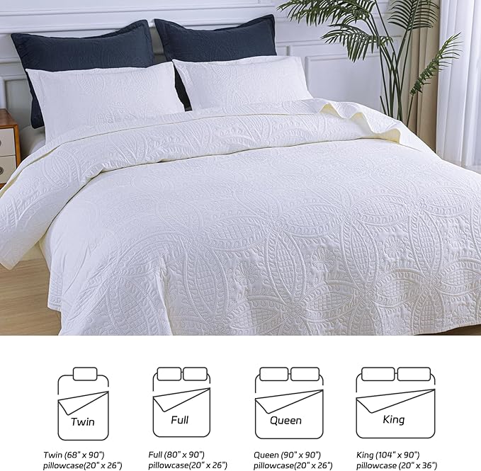 SheRest Queen Quilt Bedding Set - White Soft Breathable Bed Quilts, Modern Style Embossed Bedspreads, Lightweight Microfiber Reversible Coverlet for All Seasons-3 Pieces (1 Quilt,2 Pillow Shams)