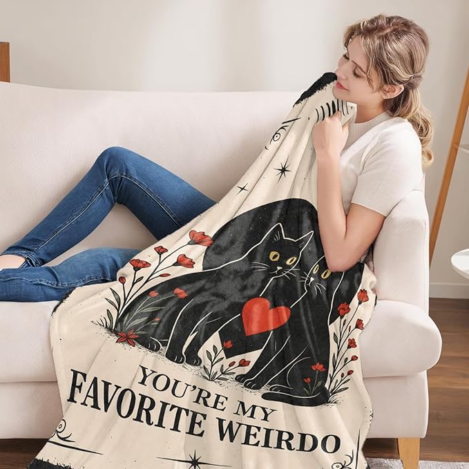Black Cat Halloween Theme Flannel Blanket for Women, Men, Gothic I Love You Throw Blankets for Boyfriend, Girlfriend, Wife, Couple, Travel Camping Sofa Living Room Decor 40x50 in