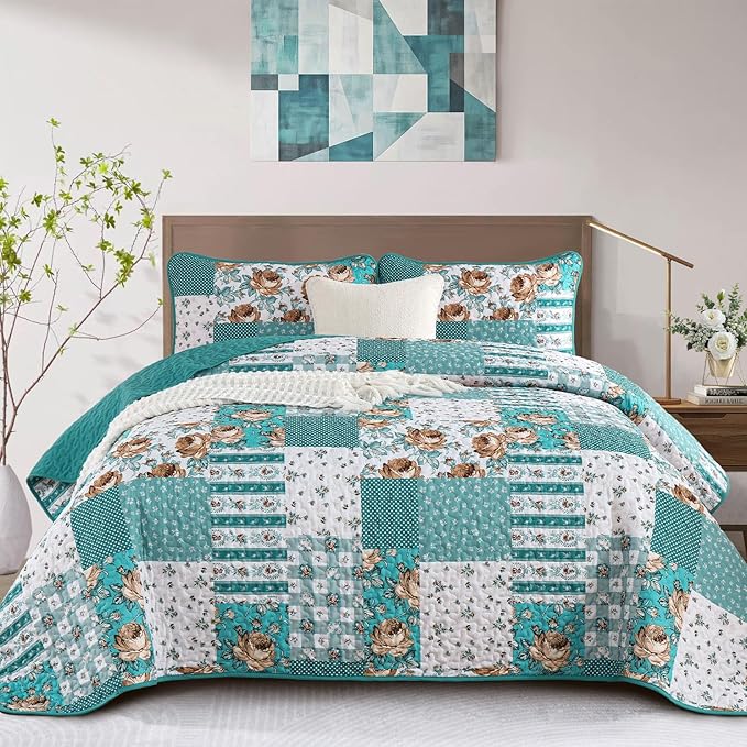 Anibedding Teal Quilt Set Queen Size Patchwork Floral Bedspread Coverlet, Soft Microfiber Farmhouse Boho Quilted Bedding Set, Teal Plaid Rustic Bed Cover for All Season 96''x90''