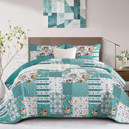 Anibedding Teal Quilt Set Queen Size Patchwork Floral Bedspread Coverlet, Soft Microfiber Farmhouse Boho Quilted Bedding Set, Teal Plaid Rustic Bed Cover for All Season 96''x90''