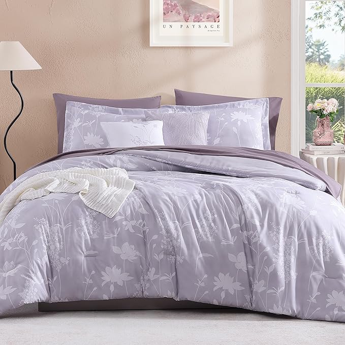 Twin XL Comforter Set -5 Pieces Floral Lavender Purple Bedding Set for All Seasons, Bed in a Bag with Botanical Flowers Comforter, Sheets, Pillowcase & Sham