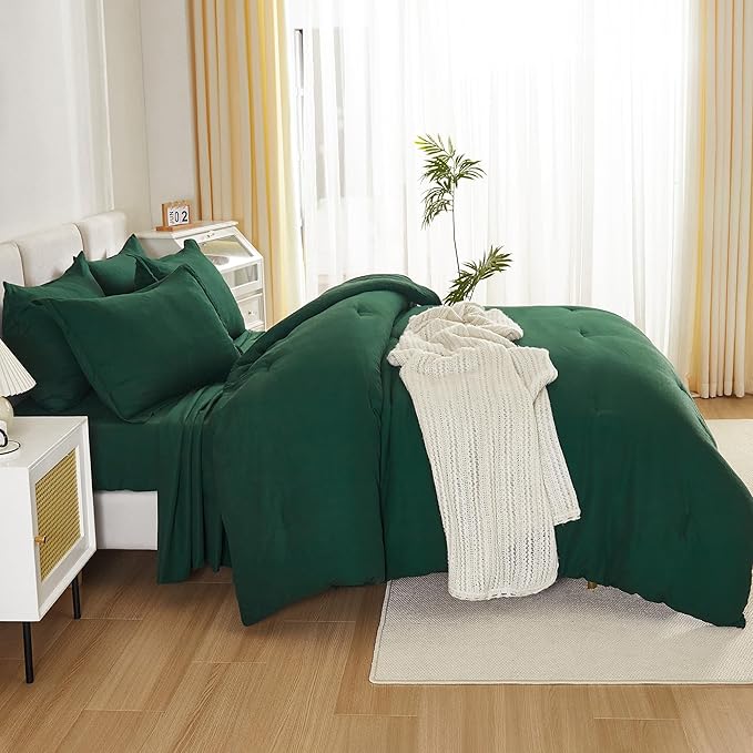 Litanika Full Size Comforter Sets Dark Emerald Green - 7 Pieces Bed in a Bag Full Bedding Comforter Sets, Solid Lightweight Bed Set with Comforter, Sheets, Pillowcases & Shams