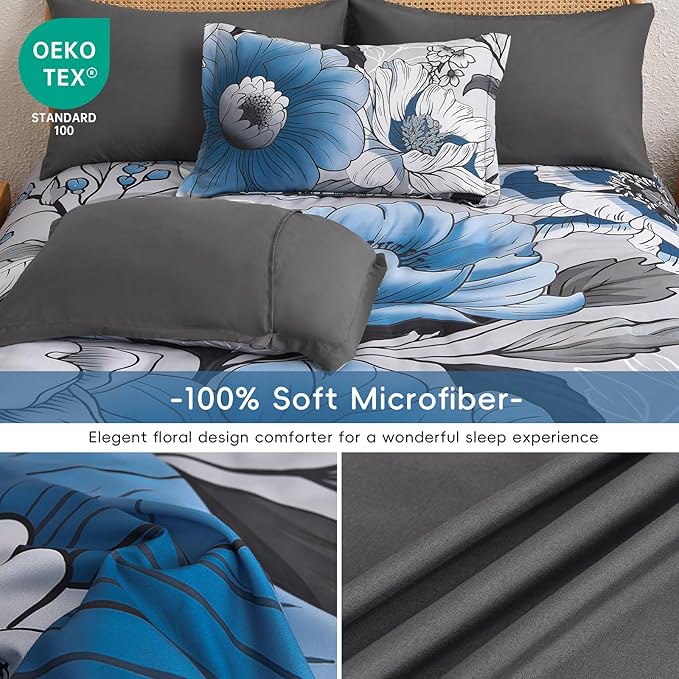 Xruibed King Comforter Set 7 Pieces Grey Blue Floral Comforter Set King Size Bed in a Bag Flower Bedding Sets Lightweight Boho Bed Set with Sheet, Pillowcases&Shams for All Season