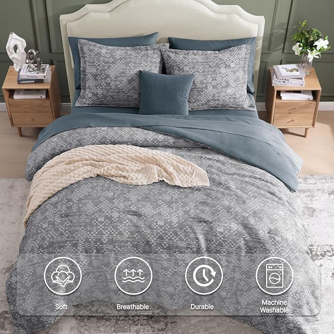 MaiRêve Full Size Comforter Set Navy Blue, Crinkle Textured Design Bedding Set 7 Pieces Bed in A Bag, All Season Farmhouse Comforter Set with Sheets, Pillowcases & Shams