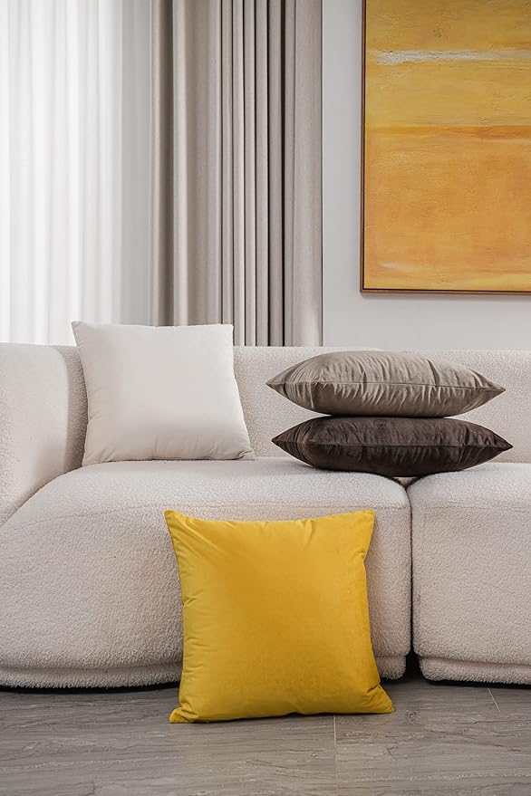 Throw Pillow Covers 16x16 Yellow: Pack of 2 Cozy Soft Velvet Square Modern Luxury Decorative Throw Pillow Cases for Sofa Couch Living Room Bed Home Decor