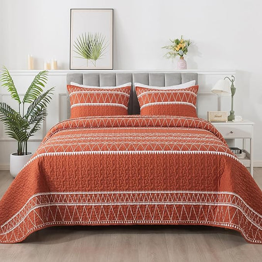 Andency Terracotta King Size Quilt Set, 3 Pieces Boho Lightweight Soft Striped Bedspread for All Season (106"x96"), Burnt Orange Printed Bohemian Microfiber Reversible Coverlet Comforter Sets