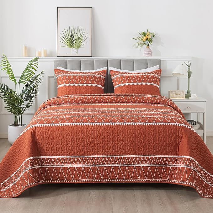 Andency Terracotta Quilts Queen Size, 3 Pieces Queen Quilt Bedding Set Boho Lightweight Soft Striped Bedspread for All Season (90"x96"), Printed Bohemian Microfiber Reversible Coverlet Comoforter Sets