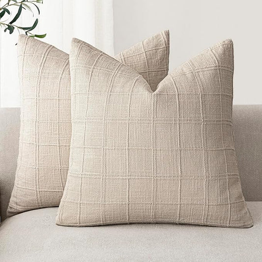 Foindtower Set of 2 Decorative Linen Check Throw Pillow Covers Neutral Farmhouse Vintage Cushion Covers Modern Boho Home Decor for Sofa Chair Couch Bedroom Living Room,18×18 Inch,Natural Linen