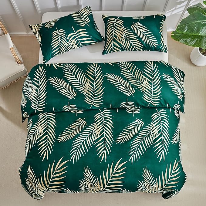 Lekesky Queen Duvet Cover Set, Green and Gold Tropical Palm Leaf Pattern Comforter Cover Queen Size, 3 Pieces Soft Microfiber Bedding Sets with Zipper & 2 Pillowcases, Green