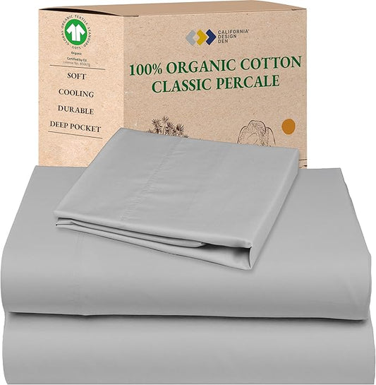 California Design Den Twin XL Sheet Sets - Soft 100% Organic Cotton Sheets with Deep Pockets, Crisp Percale, Breathable and Durable Bedding Set, Dorm Essentials for Guys - Light Grey