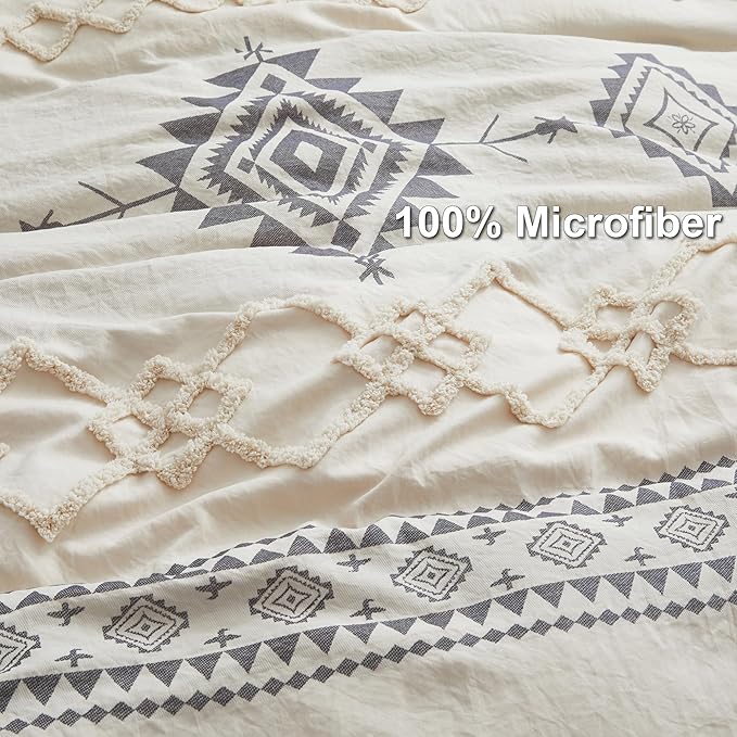 Oli Anderson Boho Duvet Cover Set King Size, Beige and Gray Color Clash 3 Pieces Microfiber Bedding Set, Durable and Super Soft Duvet Covers with Zipper and Ties, 104"*90"