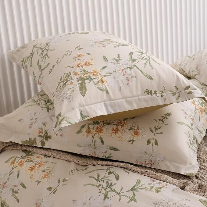 OAITE Duvet Cover Set Queen Size Floral Pattern 600 Thread Count Ultra Soft 100% Long Staple Cotton Duvet Cover Sets 3-PC, Breathable Duvet Cover with Zipper Closure & Corner Ties