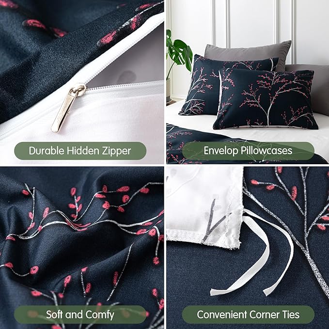 Lekesky Reversible Duvet Cover King Size, Starry Sky Blue Branch Comforter Cover King 3pcs Microfiber Botanical Bedding Set with Zipper Closure Corner Ties